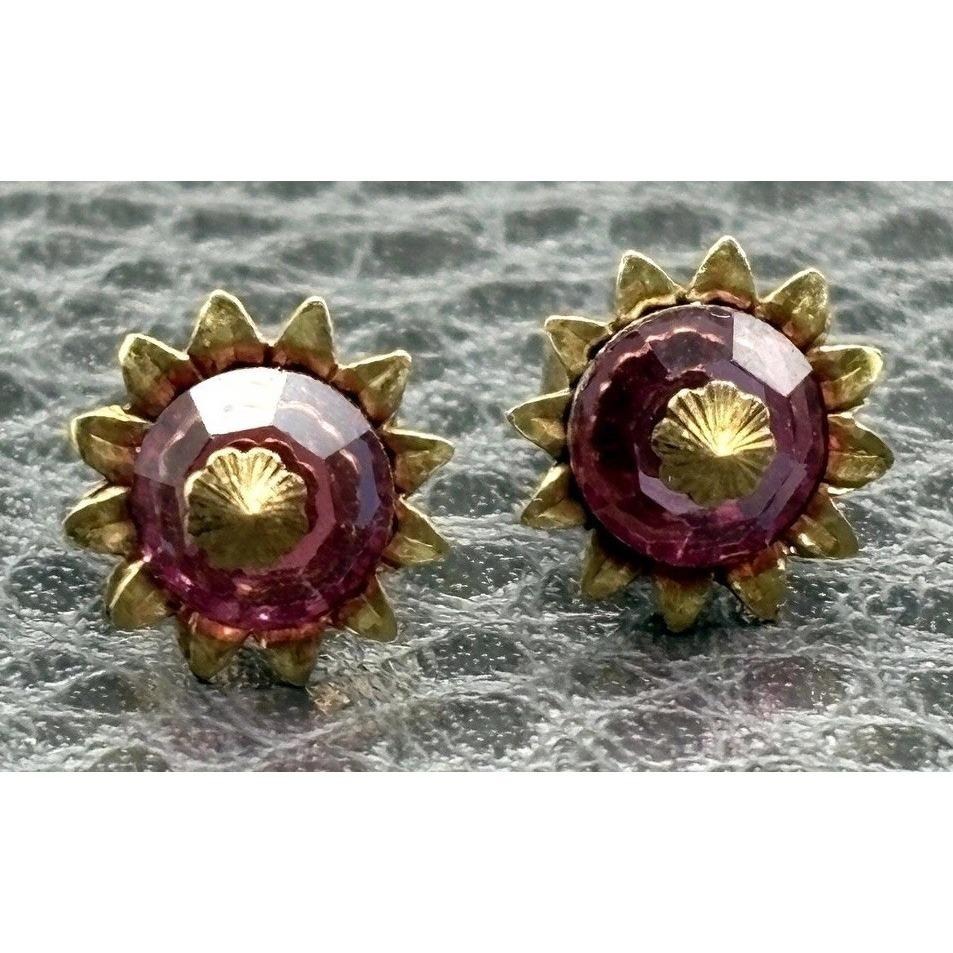 Vintage 18k Uk Gold Pink Crystal Sun Flower Star Celestial Stud Earrings